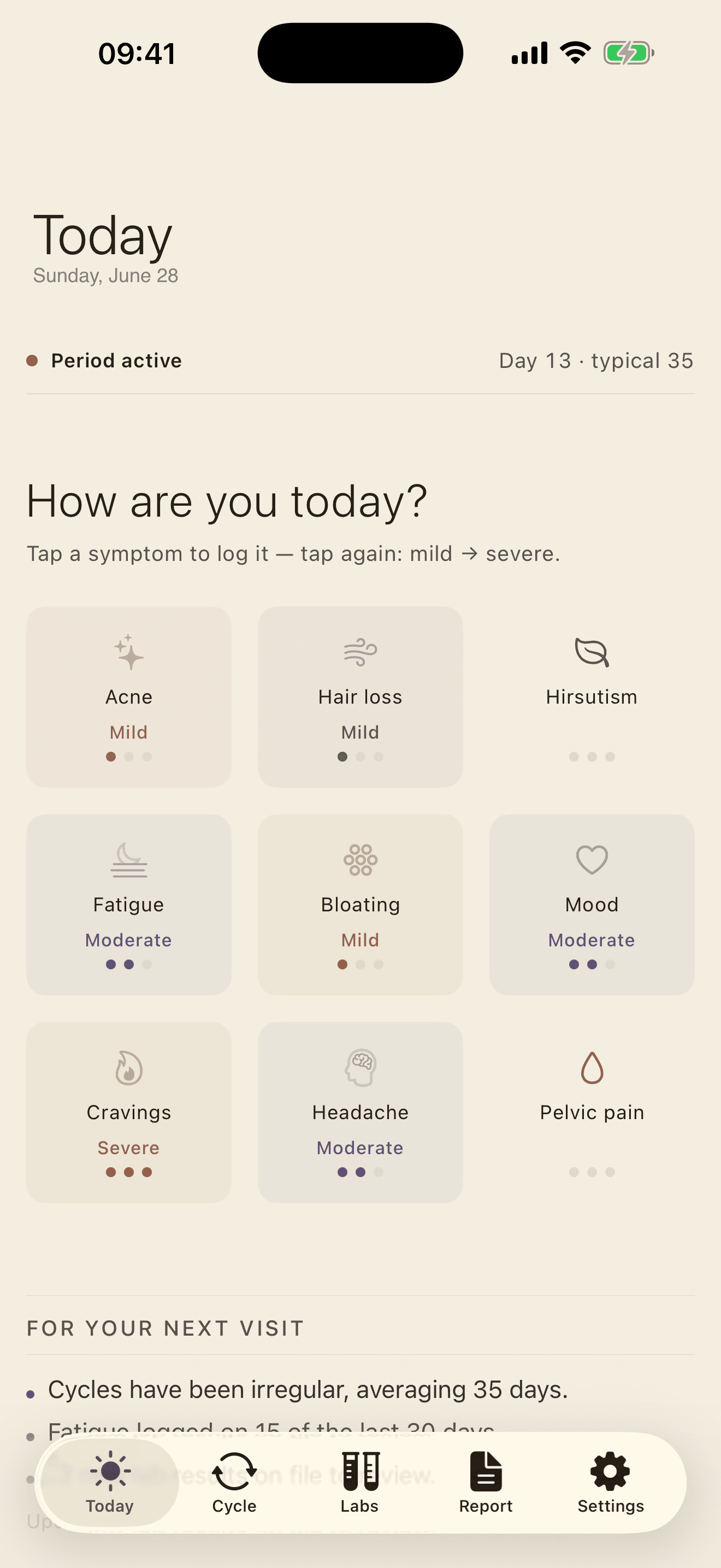 PCOS Diary Today screen with one-tap symptom chips